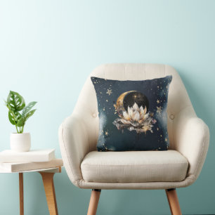 Celestial Gold Sun,Moon,Stars Lotus Night Sky Cushion