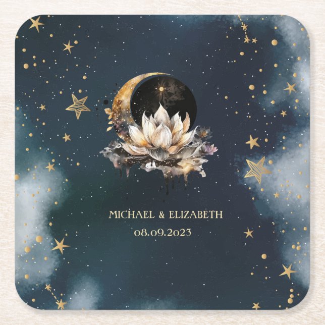 Celestial Gold Sun,Moon,Stars Lotus Night Sky Square Paper Coaster (Front)