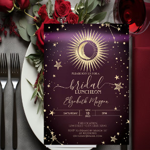 Celestial Gold Sun Moon Stars Luncheon Burgundy Invitation