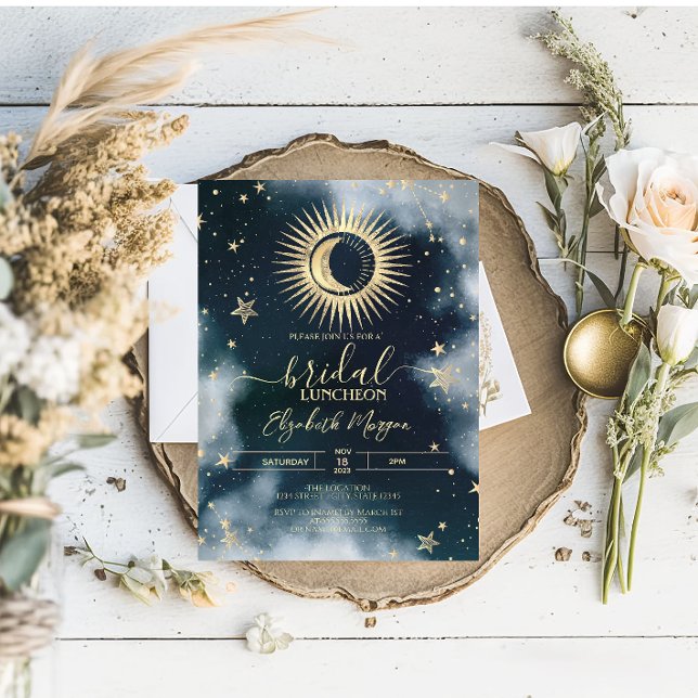 Celestial Gold Sun,Moon,Stars Night Sky Bridal Invitation (Creator Uploaded)