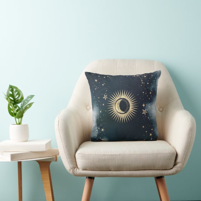 Celestial Gold Sun,Moon,Stars Night Sky Cushion (Chair)