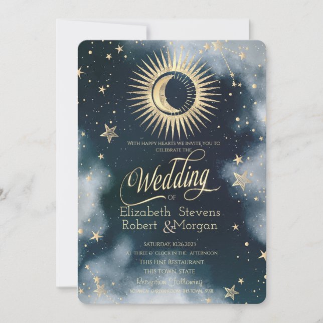 Celestial Gold Sun,Moon,Stars Night Sky Invitation (Front)