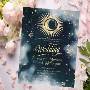 Celestial Gold Sun,Moon,Stars Night Sky Invitation