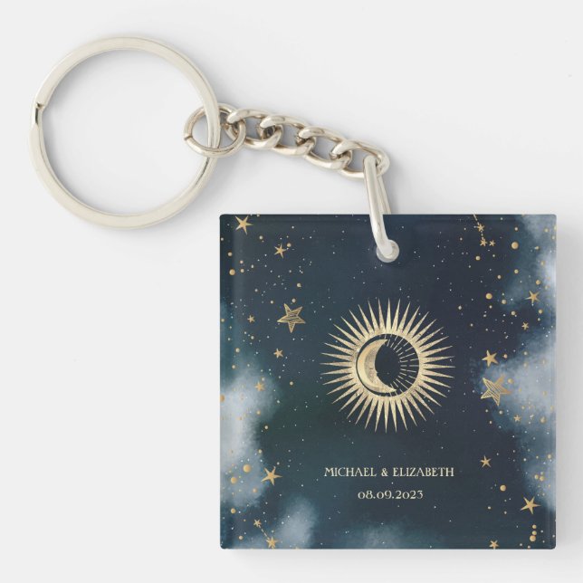 Celestial Gold Sun,Moon,Stars Night Sky  Key Ring (Front)