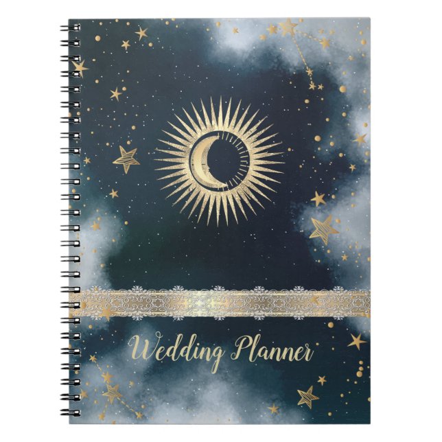 Celestial Gold Sun,Moon,Stars Night Sky  Notebook (Front)