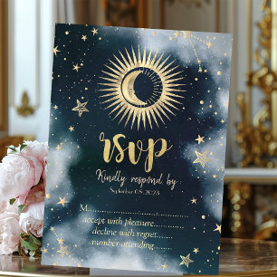 Celestial Gold Sun,Moon,Stars Night Sky RSVP Invitation