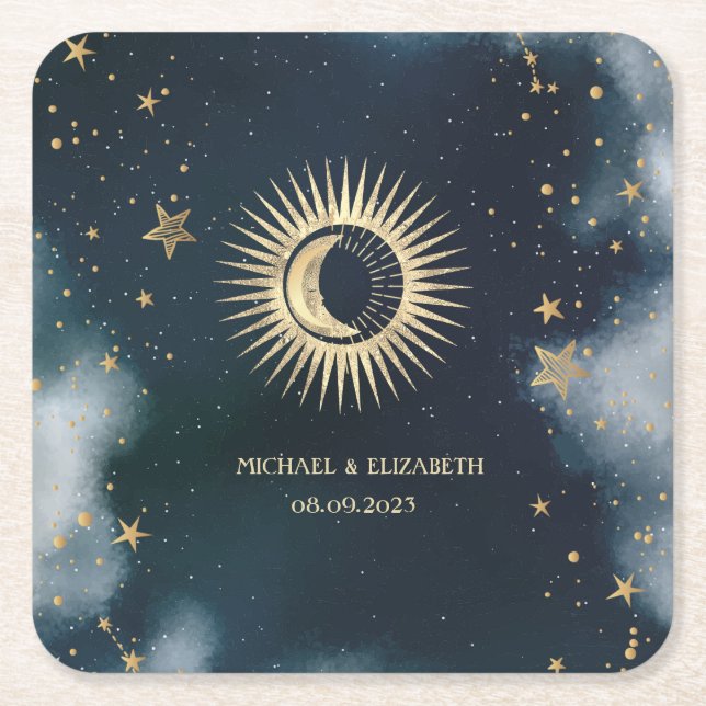 Celestial Gold Sun,Moon,Stars Night Sky Square Paper Coaster (Front)