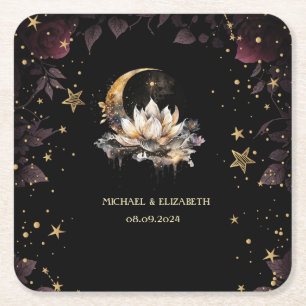 Celestial Gold Sun,Moon,Stars Roses Night Sky Square Paper Coaster
