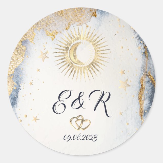Celestial Gold Sun,Moon,Stars Watercolor  Classic Round Sticker (Front)