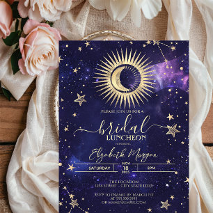 Celestial Gold Sun,Moon,Stars Watercolor Purple Invitation