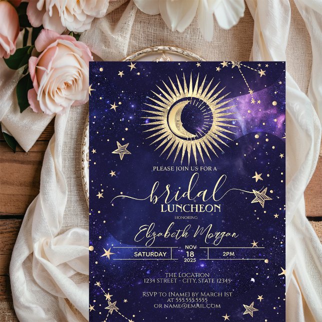 Celestial Gold Sun,Moon,Stars Watercolor Purple Invitation (Creator Uploaded)
