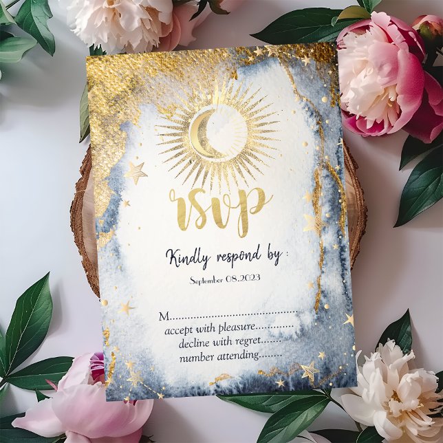 Celestial Gold Sun,Moon,Stars Watercolor  RSVP   Invitation (Creator Uploaded)