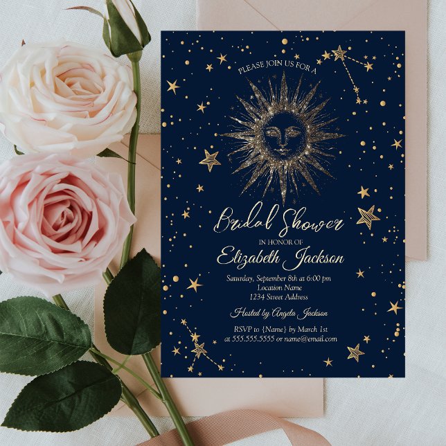 Celestial Gold Sun,Stars Navy Blue Bridal Shower Invitation (Creator Uploaded)