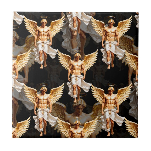 Celestial Golden Angels Pattern Design  Ceramic Tile (Front)