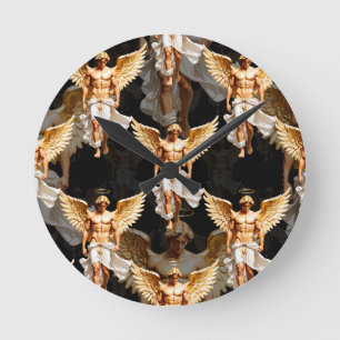 Celestial Golden Angels Pattern Design Round Clock