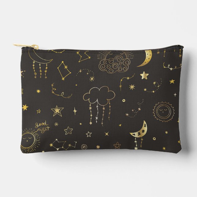 Celestial Golden Stars, Moon & Constellations Accessory Pouch (Front)