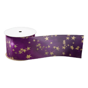 Celestial Golden Stars on Pink Galaxy Background Satin Ribbon