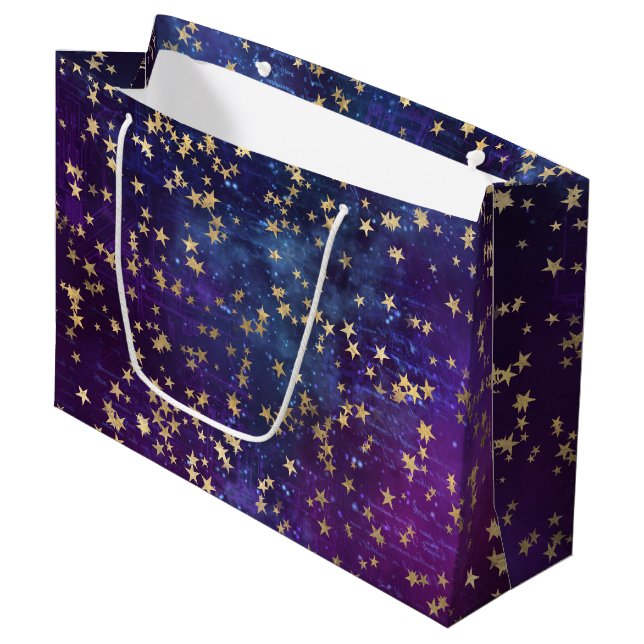 Celestial Golden Stars on Purple Galaxy Background Large Gift Bag (Front Angled)