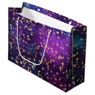 Celestial Golden Stars on Purple Galaxy Background Large Gift Bag