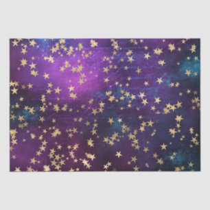 Celestial Golden Stars on Purple Galaxy Background Tissue Paper