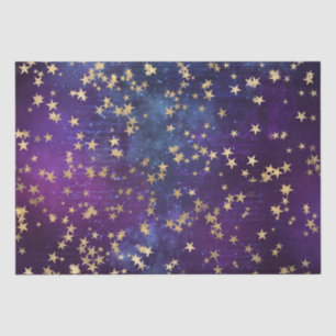 Celestial Golden Stars on Purple Galaxy Background Tissue Paper