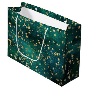 Celestial Golden Stars on Teal Galaxy Background Large Gift Bag