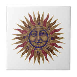 Celestial Golden Sun Face Ceramic Tile