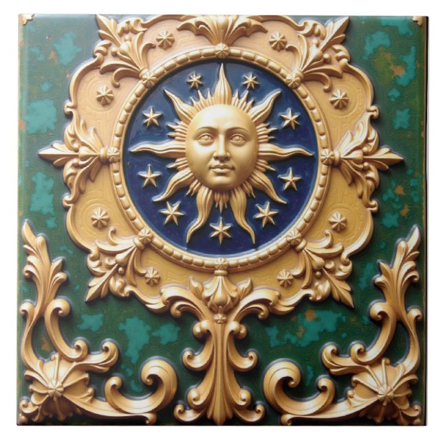 Celestial Golden Sun Plaque Ceramic Tile (Front)