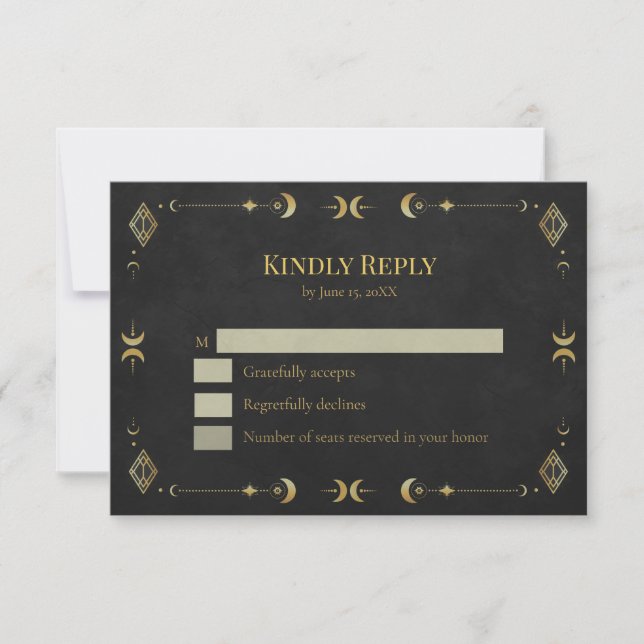 Celestial Gothic Black and Gold RSVP Card (Front)