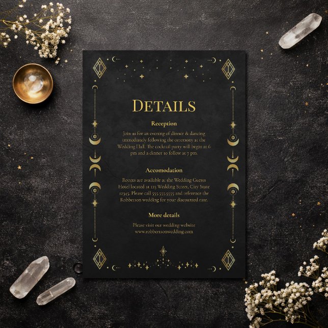 Celestial Gothic Black and Gold Wedding Details Invitation (Celestial Gothic Black and Gold Wedding Details Invitation on an elegant dark table)