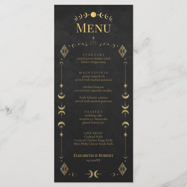 Celestial Gothic Black and Gold Wedding Menu Card (Front)