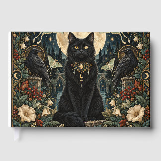 Celestial Gothic Black Cat with Moon and Ravens. Guest Book
