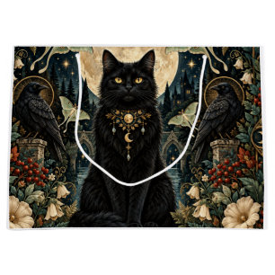 Celestial Gothic Black Cat with Moon and Ravens. Large Gift Bag