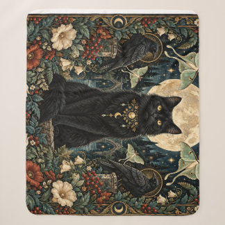 Celestial Gothic Black Cat with Moon and Ravens. Sherpa Blanket