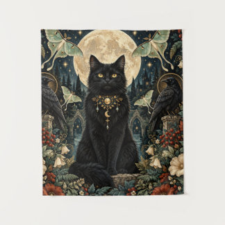 Celestial Gothic Black Cat with Moon and Ravens. Tapestry