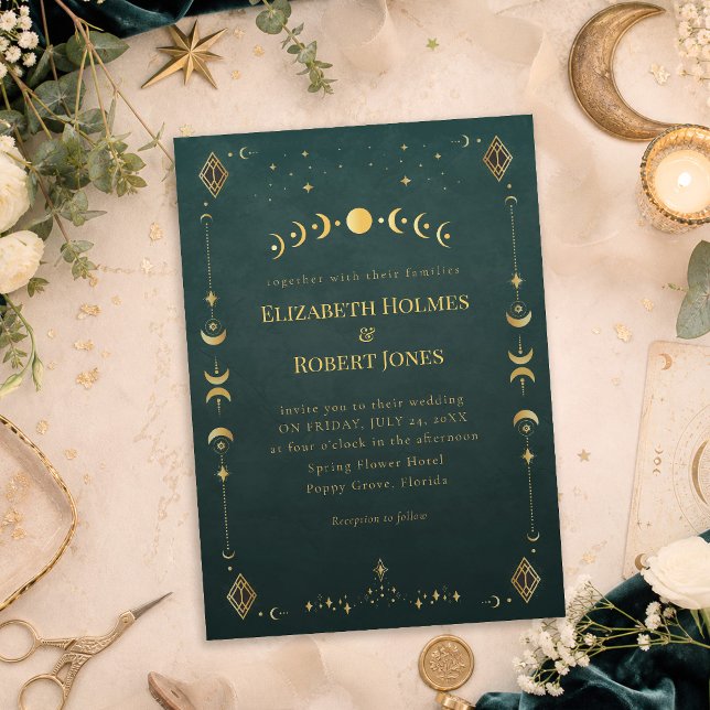 Celestial Gothic Dark Teal Wedding Invitation (Celestial Gothic Dark Teal Wedding Invitation on a table with celestial wedding decor and flowers)