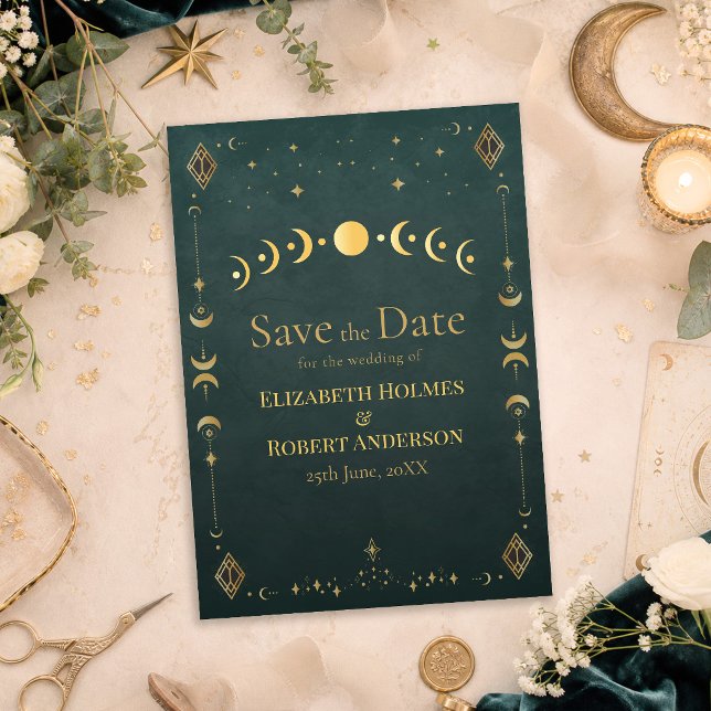 Celestial Gothic Dark Teal Wedding Save the Date (Celestial Gothic Dark Teal Wedding Save the Date on a table with dark teal celestial wedding decor.)