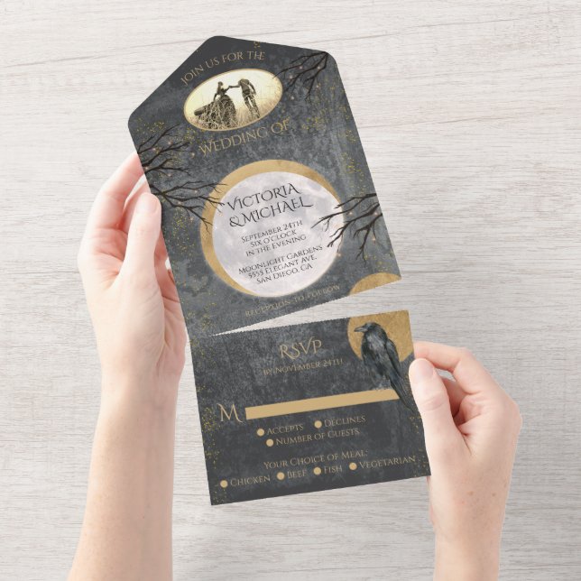 Celestial Gothic Full Moon Halloween Photo Wedding All In One Invitation (Tearaway)