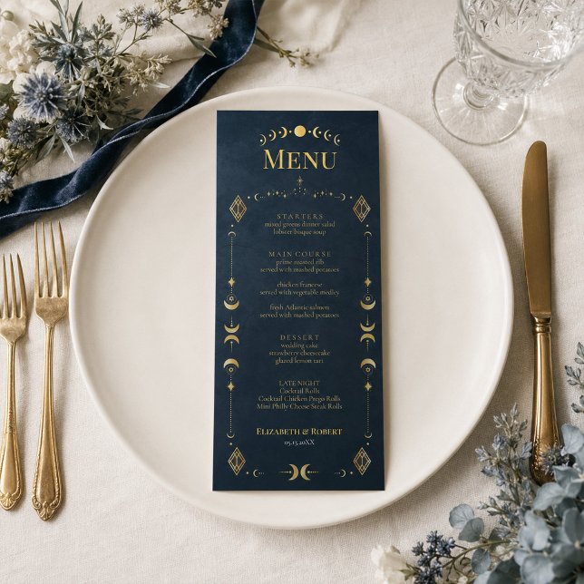 Celestial Gothic Midnight Blue Gold Wedding Menu (Celestial Gothic Midnight Blue Gold Wedding Menu)