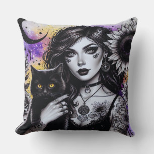 Celestial Gothic Witch and Black Cat Cushion
