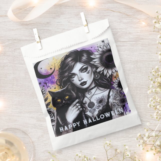 Celestial Gothic Witch and Black Cat Favour Bag (Clipped)