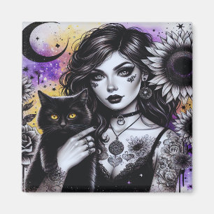 Celestial Gothic Witch and Black Cat Magnet