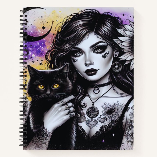 Celestial Gothic Witch and Black Cat Notebook (Front)