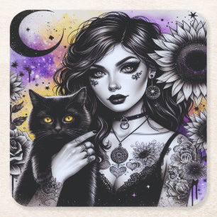 Celestial Gothic Witch and Black Cat Square Paper Coaster