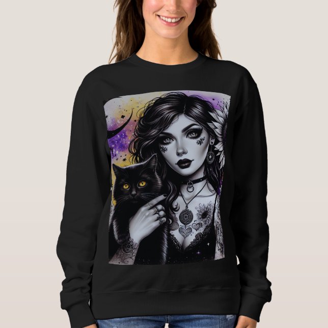 Celestial Gothic Witch and Black Cat Sweatshirt (Front)
