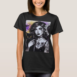 Celestial Gothic Witch and Black Cat T-Shirt