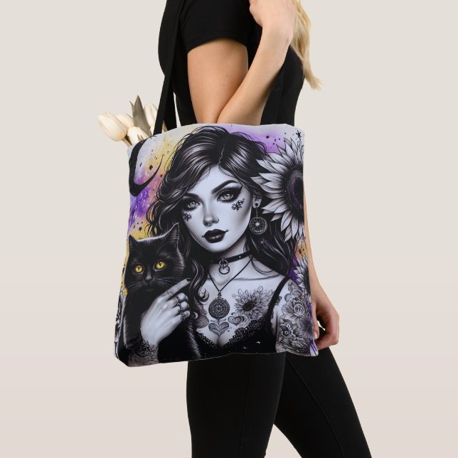 Celestial Gothic Witch and Black Cat Tote Bag (Close Up)