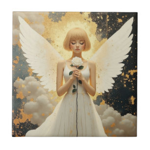 Celestial Grace Pretty Angel and Rose Ceramic Tile
