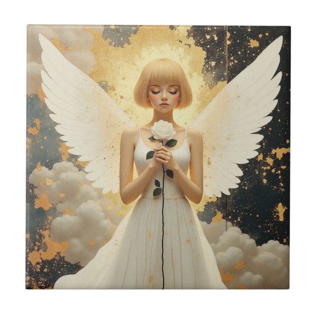 Celestial Grace | Pretty Angel and Rose  Ceramic Tile (Front)