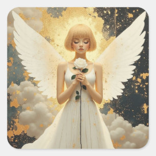 Celestial Grace Pretty Angel and Rose Square Sticker